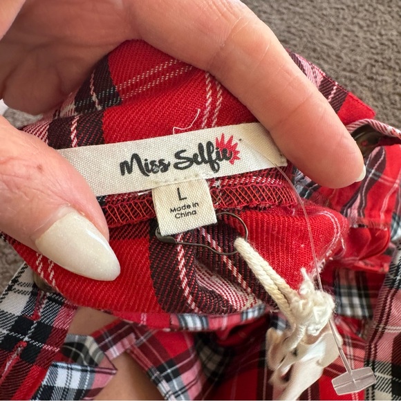 Miss Selfie Red Tartan Plaid Pinafore Dress Overall Jumper Pleated School L NEW - Picture 6 of 13